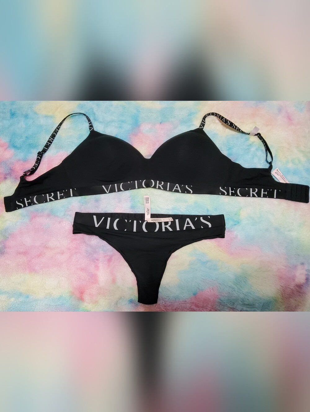 Victoria's Secret Black Logo-Band Wireless Bra (38D) & Thong Set (L)